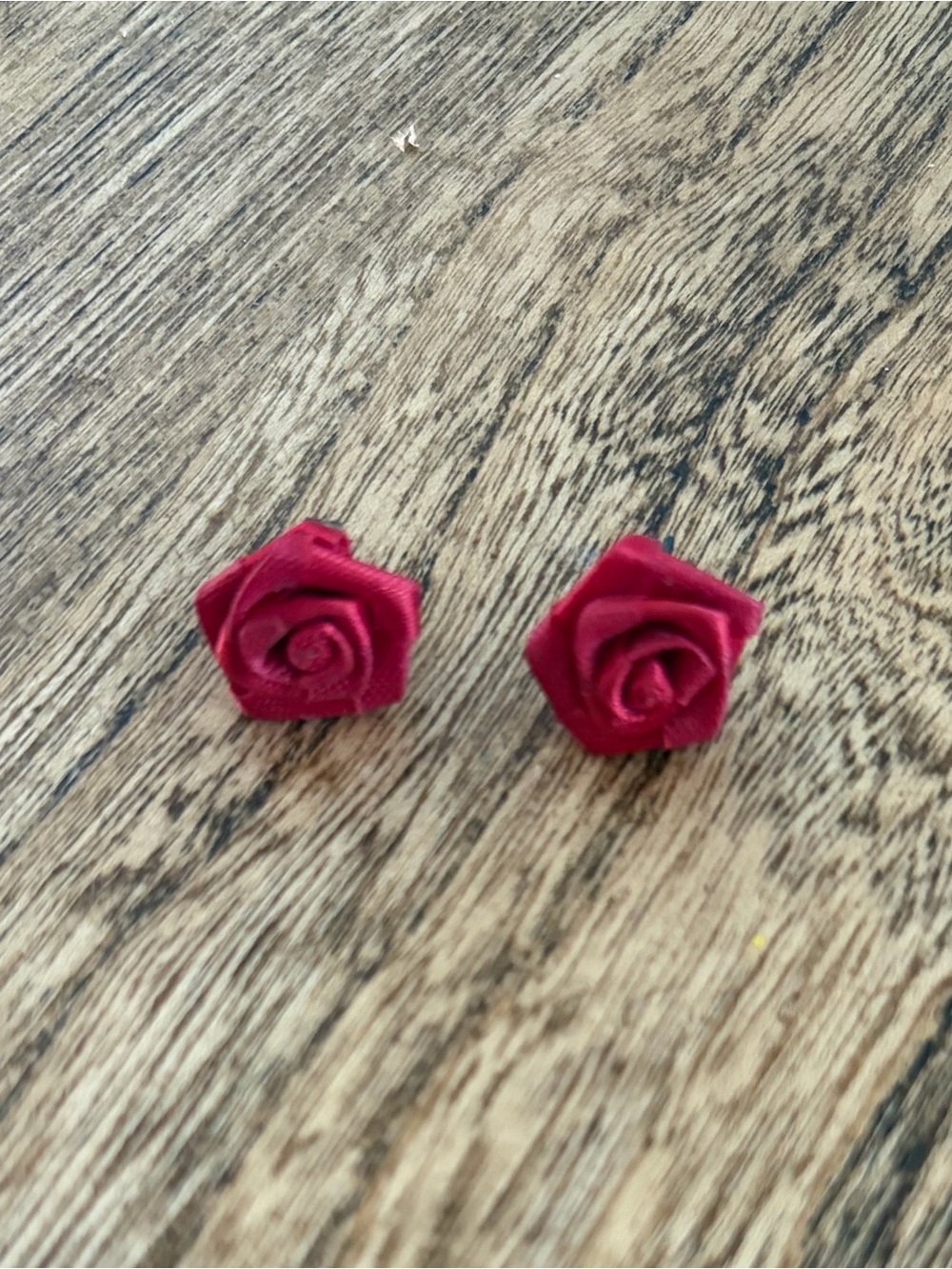 Vintage red Ribbonwork Fabric Rose Earrings Gold Tone Ribbon Rosette Pierced